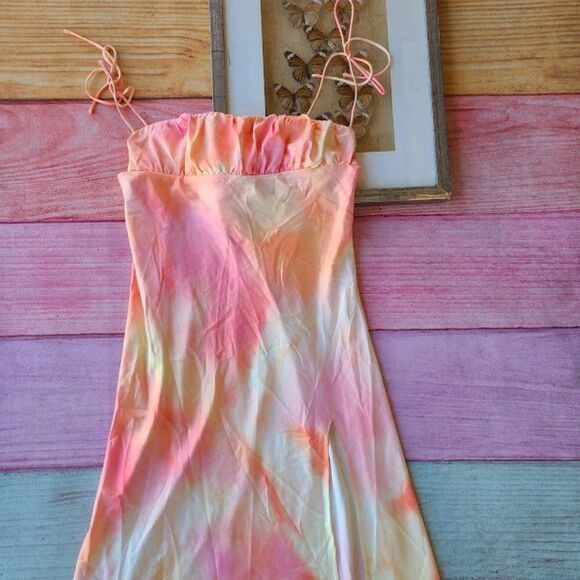 Princess Polly Pink Carsa Tie Dye Satin Tie Strap Midi High Slit Slip Dress 12US - Picture 10 of 12